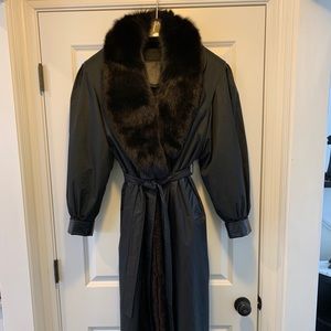 Mink lined trench coat with leather cuffs and trim